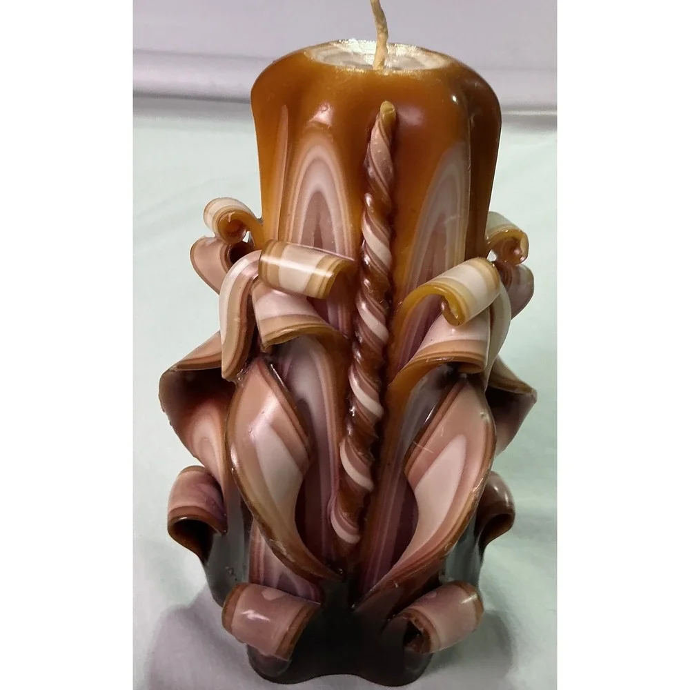 Vintage Hand Carved Layered Pillar Candle Brown Pink Cream Floral Scroll